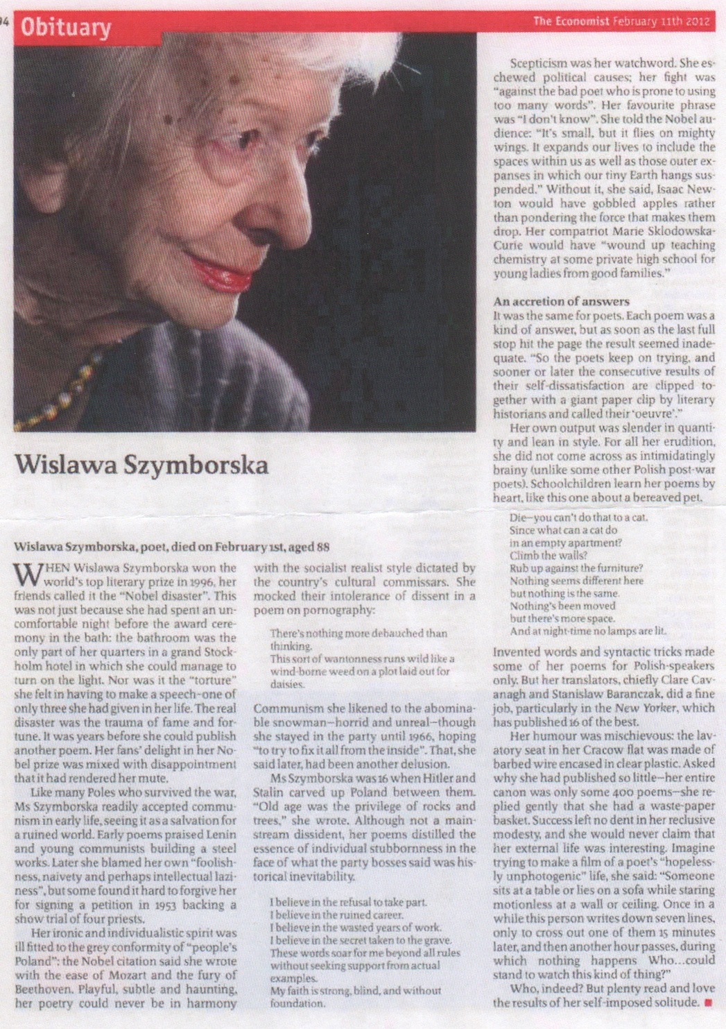 Wisława Szymborska (2 July 1923 – 1 February 2012)