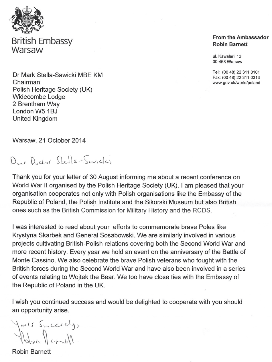 Letter from the British Embassy in Warsaw to PHS