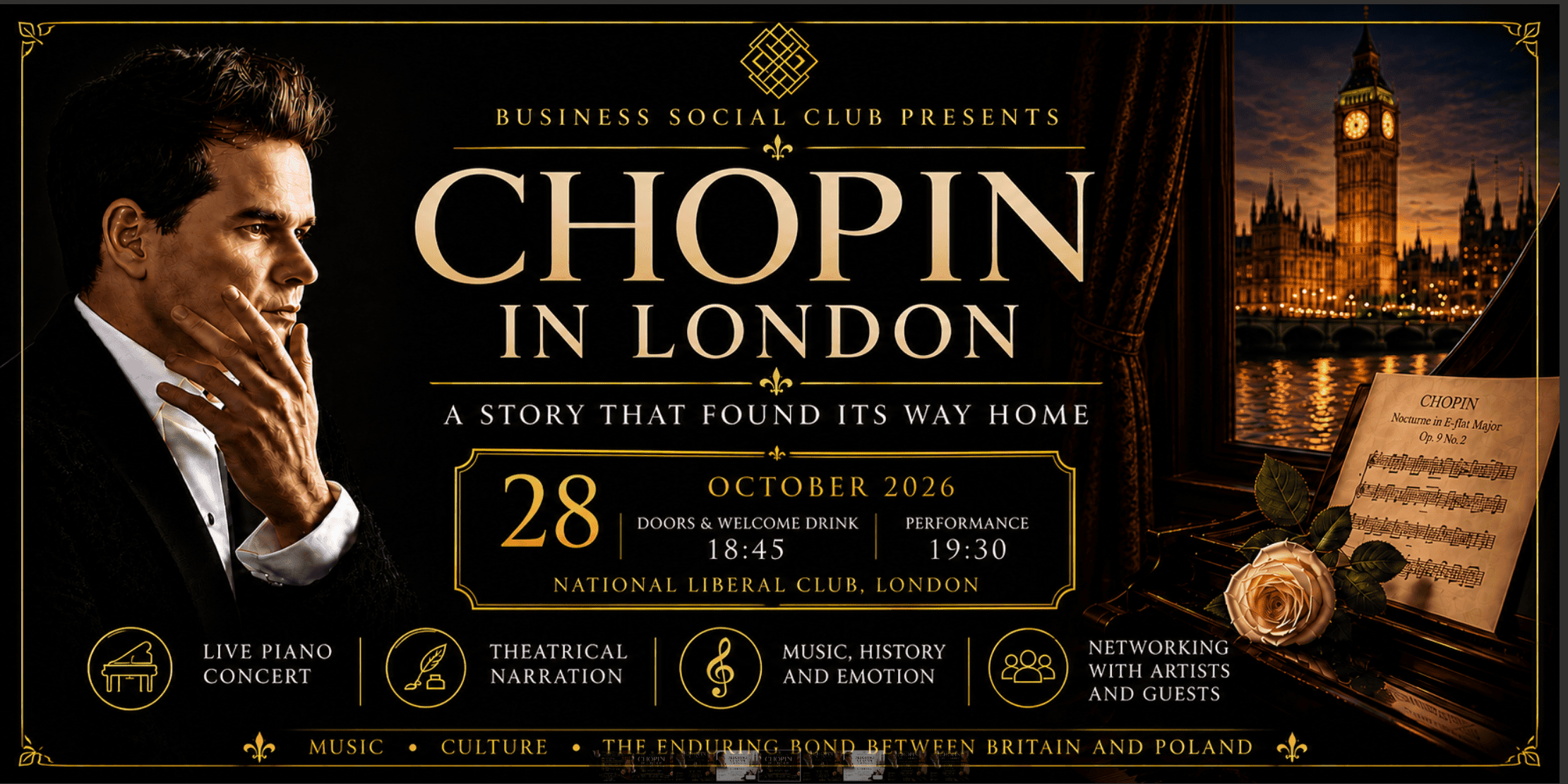 Rescuing Chopin in London — 28 October 2026, National Liberal Club. Doors 18:45; performance 19:30.