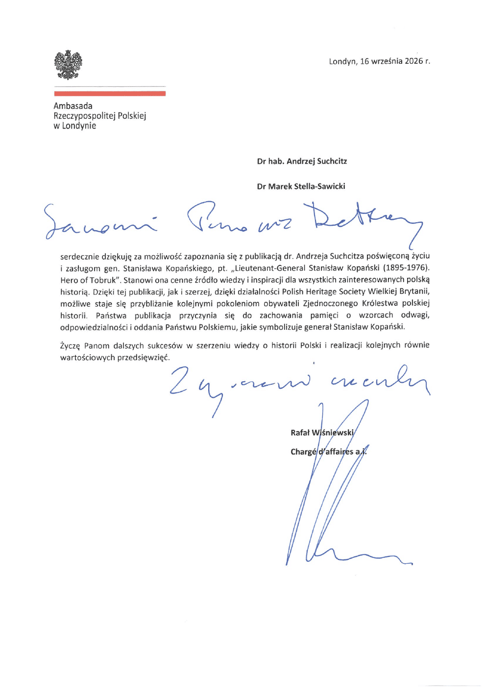 Signed letter from the Embassy of the Republic of Poland in London, dated 16 September 2026